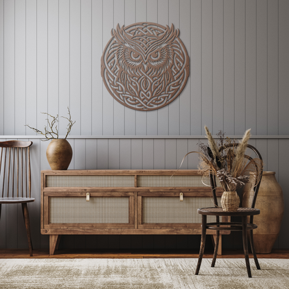 Tribal_Celtic_Knot_Owl_Metal_Sign__Cust_Copper_Rustic_Hallway_Mockup.png