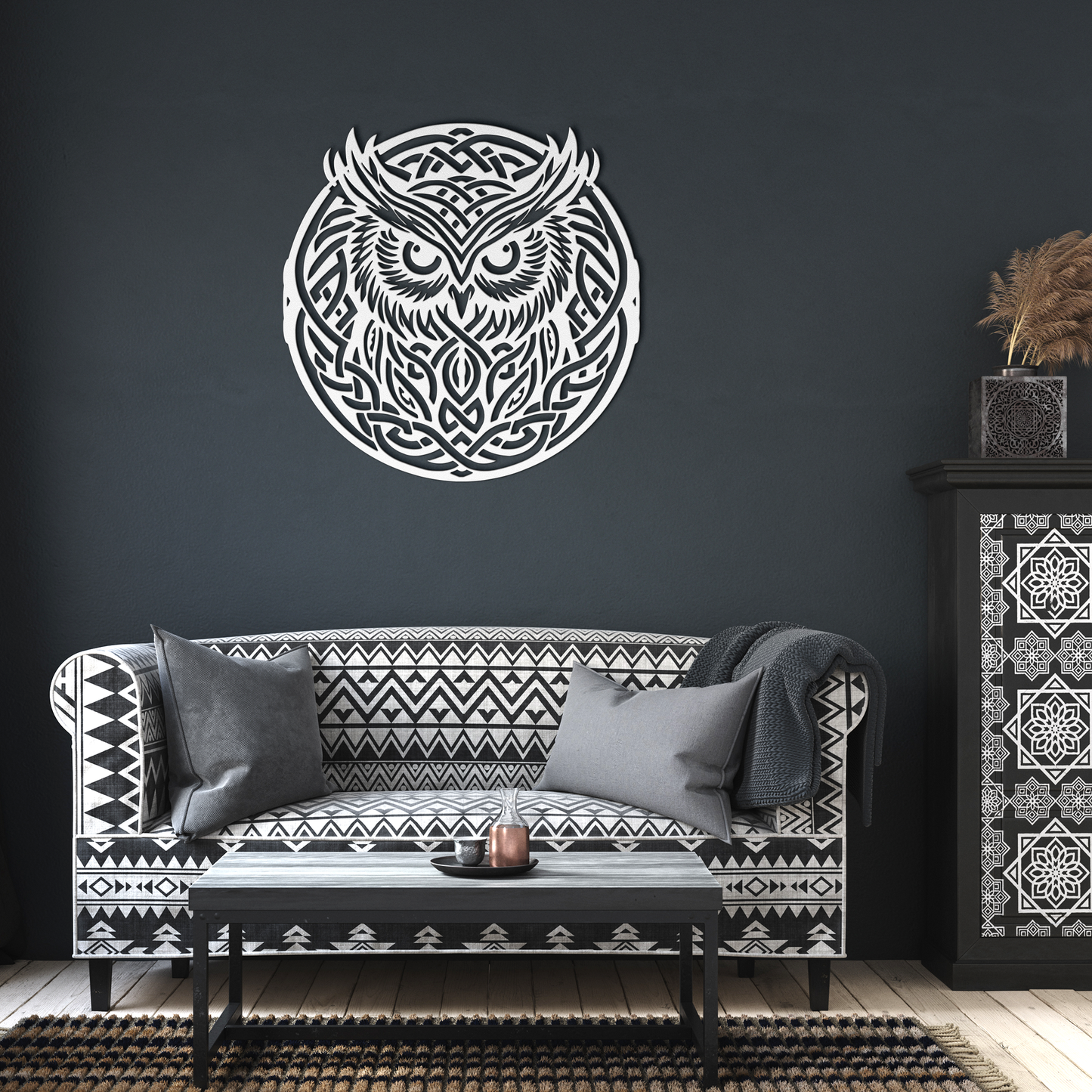 Tribal_Celtic_Knot_Owl_Metal_Sign__Cust_White_Dark_Living_Room_Mockup.png