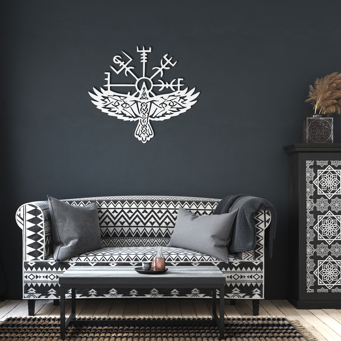 Vegvisir_Viking_Metal_Wall_Art__Compa_White_Dark_Living_Room_Mockup.png