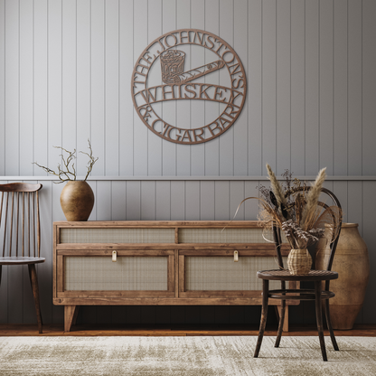 Whiskey_and_Cigar_Bar_Metal_Sign__Cus_Copper_Rustic_Hallway_Mockup.png