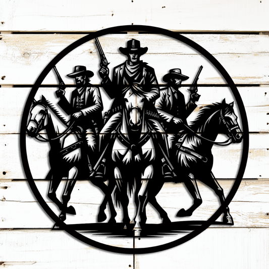 Cowboy posse metal wall art – rustic Western steel decor for homes & barns